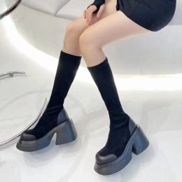 Boots Footwear Sock Shoes for Woman Elegant Heeled Women's Boots Round Toe Winter Knee High Shaft Black Long Heels Gothic Gyaru Goth