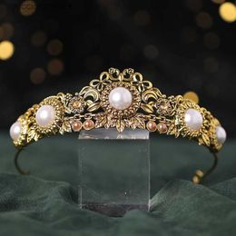 Tiaras Baroque Vintage Gold Crystal Flowers Beads Tiaras Rhinestone Queen Crowns Wedding Hair Accessories Luxury Headband Diadem Y240319