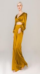 Sheath Two Pieces V Neck Jumpsuit Prom Dresses Open Back Long Sleeves Evening Gowns7247070