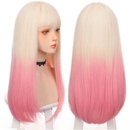 Wigs HOUYAN Long straight hair synthetic wig girl pink white gradient bangs cosplay Lolita party heatresistant wigs