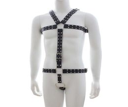 Mens Studded Leather Body Bondage Gear with Penis Ring Fetish Restraint Harness Suit Male Slave Sex Products Y04068790212