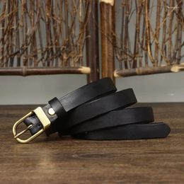 Belts Retro Distressed Leather Belt Decorative Thin For Women Genuine Brass Buckle Trend Versatile Waistband 1.8cm Wide