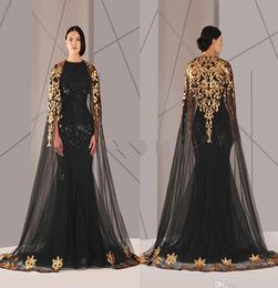 Arabic Muslim Evening Dresses Plus Size Party Gowns Tulle Cloak Gold and Black Sequins Crew Neck Mermaid Formal Wear Long Pageant 9464992