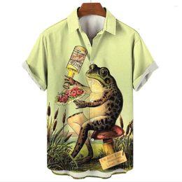 Men's Casual Shirts Funny Frog Shirt For Men Polo Neck Button Short Sleeve Streetwear Vintage Print T-Shirt Fashion Beach Blouse