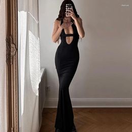 Casual Dresses Summer Black Long Dress For Women Sexy Deep V-neck Hollow Out Wrapped Maxi Suspender Bodycon Vestidos Open Back
