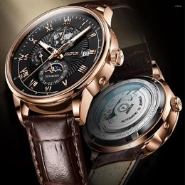 Wristwatches JSDUN 8909 Classic Mechanical Watch For Men Moon Phase Roman Scale Leather Wrist Watches Waterproof Luminous Luxury Hand Clock