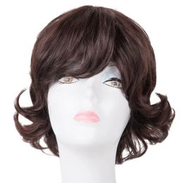 Wigs Short Wavy Wig FeiShow Synthetic Heat Resistant Fiber Coffee Brown Hair Women Male Inclined Bangs Party Tail Warp Hairpiece