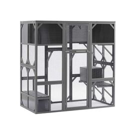 Miscoos Outdoor Wooden Cat Catio Walk-in Kennel Entry Door, Bouncy Bridge, Platforms & Cosy Houses - Weatherproof Cage with Sunshine Roof, 67.5'' L,