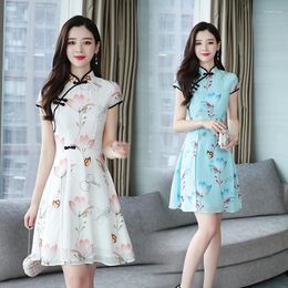 Ethnic Clothing 2024 Summer Modern Improved Cheongsam Chiffon Printing Vintage Traditional Chinese Style Slim Qipao Dress