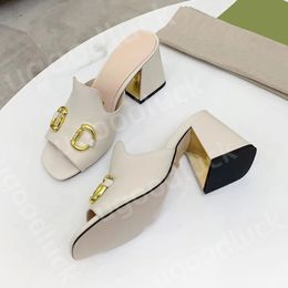 Designer women's summer beach slippers women's shoes fashion 100% leather metal buckle leather white black thick-heeled sandals lady letter half high-heeled