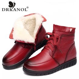 Boots DRKANOL 2023 Women Snow Boots Vintage Genuine Leather Natural Wool Fur Winter Warm Ankle Boots For Women Flat Mother Shoes H7075