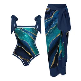Gradual Print V-neck Bow Tie Swimsuit Body-fitting Backless Bikini and Womens Elegant Chic Beach Blouse Skirt 2023