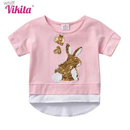 T-shirts VIKITA Girls Rabbit Appliqued Cartoon T Shirt Kids Short Sleeve Summer Cotton Tops and Tees Girls O Neck Pink Princess T ShirtsC24319