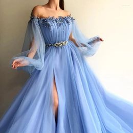 Party Dresses Off Shoulder Beaded Long Prom With Puff Sleeves Sexy Crystal Side Slit Puffy Tulle Backless Formal Evening Gown