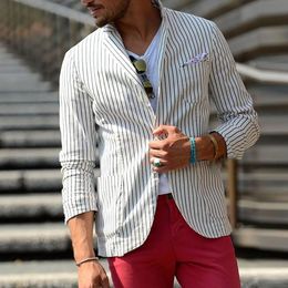 Men Lapel Long Sleeve Suit Coat Striped Print Pockets Buttons Placket Formal Business Blazer Thin Breathable Suit Jacket 240313