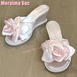 Slippers Fluffy Pink Satin Flower Wedges Slippers Sexy Sweet Style Round Open Toe Solid Newest Women Shoes Slides Summer Outside Casual