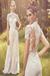 Modest Jumpsuit Bohemian Wedding Dresses High Neck Short Sleeve Lace Appliques Covered Button Back Country Wedding Gowns Pants Bri9721753