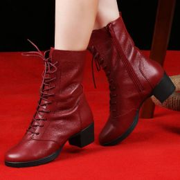 Boots XIHAHA Woman Genuine Leather Mesh Fleece Boots Latin Dance Shoes Soft Soled Women's Middle Heel Shoes Social Sailor Square Dance