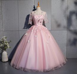 2018 New Pink 12 Sleeve Butterfly Appliques Ball Gown Quinceanera Dresses Scoop LaceUp Sweet 16 Dresses Debutante 15 Year Party 1802916