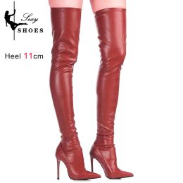 Boots Wine red Sexy High Heels Stretch Leather OvertheKnee Women's Boots Pointed Toe Thigh High Long Boots SlipOn Feminina Shoes