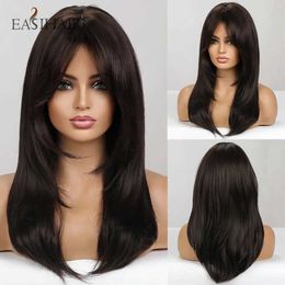 Synthetic Wigs Cosplay Wigs EASIHAIR Dark Brown Black Synthetic Wigs with Bangs Medium Straight Layered Natural Hairs for Women Daily Cosplay Heat Resistant 240327