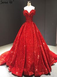 2020 Red Sequined Ball Gowm Evening Dress Luxury Real Pictures Off Shoulder Plus Size Prom Quinceanera Gown Vintage Formal Party D6060994