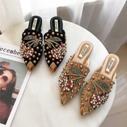 HBP Non-Brand Rhinestone Fashion Casual Outdoor Slippers Closed Toe Mules Women Loafer Flat shoes with Diamonds