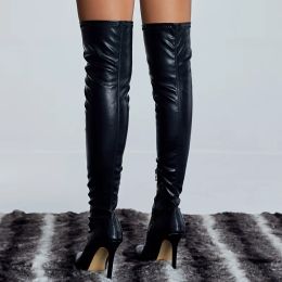 Boots 2023 Women Over The Knee Thigh High Boots Fetish 11cm High Heels Leather Stripper Long Boots Combat Winter Knight Sexy Shoes