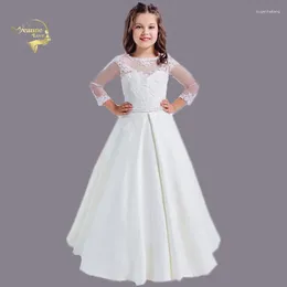 Girl Dresses Flower Girls Lace Sheer Neck Satin A Line Floor Length Long Sleeves First Communion Dress For Vestidos Longo 3-12Y