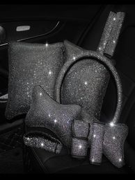 Bling Rhinestones Crystal Car Interior Accessories Diamond Steering Wheel Cover Neck pillows Waist Support Handbrake Shift Set7813019