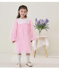 Girl Dresses 2024 Spring Girls' Dress Korean Edition Children's Wear Pink Fluffy Double Layer Yarn Cute Princess Mid Length Child