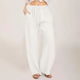 Women's Pants White Cotton Linen For Women Summer Elastic Waisted Casual Wide Leg 2024 Baggy Sweatpants Ankle-Length