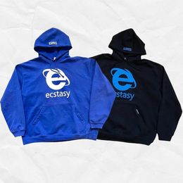 Ecstasy Letter Graphic Print Pullover Men Y2K Oversized Hoodie Harajuku Sweatshirt Hip Hop Hooded Clothes Streetwear Tops 240318