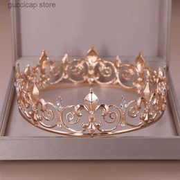 Tiaras AiliBride Gold Round Crown King Queen Wedding Tiara Bride Headpiece Men Party Crystal Hair Jewelry Wedding Hair Accessories Y240319