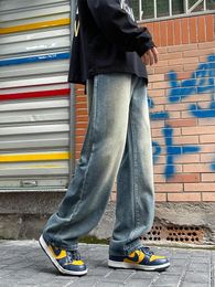 Jeans da uomo 2024 High Street Casual dritto coreano moda fascia in vita pantaloni in denim a gamba larga blu vintage