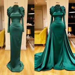 Luxury High Collar Evening Dresses Sequins Beading Long Sleeve Prom Gowns With Detachable Train Sheath vestidos de