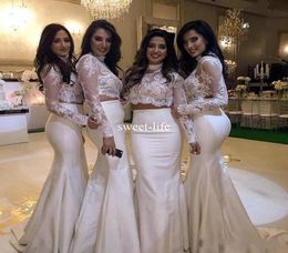White Two Pieces Cheap 2020 Mermaid Bridesmaid Dresses Lace Top Illusion Long Sleeves Satin Wedding Guest Party Gowns Maid of Hono5729586