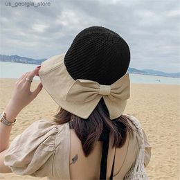 Wide Brim Hats Bucket Hats Womens Summer Str Sun Hat Bow Wide Brown Cork Panama Dou Hat Outdoor Folding Beach UV Protection Sun Hat Y240319