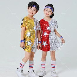 Stage Wear Children's Dance Sequin Costumes Jazz Hip-hop School Activity Performance Short Sleeved Tops And Skirts