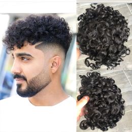 Toupees Toupees Mens Human Hair Curly Man Unit 8x10inch 20mm Curl Toupee for Black Men Durable PU Hair System