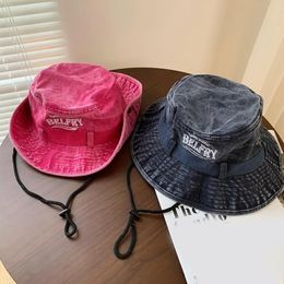 Fashion Denim Washed Bucket Hat Retro Wide Brim Breathable Sunscreen Cap for Women Men Foldable Outdoor Hiking Fishing 240311