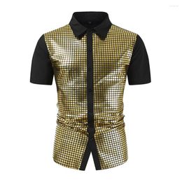 Men's Casual Shirts 70s Disco Costume Men Blouse Button Up Cardigan Golden Sequins Lapel Male Sequined Shiny Short Sleeve Down