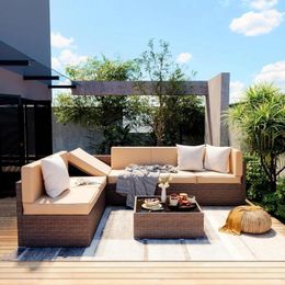 Camp Furniture Outdoor Sofa 7-piece Modular Partition With Coffee Table And Washable Cushion Cover Brown Rattan Garden