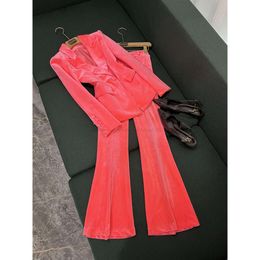 2024 Spring Pink Solid Colour Two Piece Pants Sets Long Sleeve Notched-Lapel Single-Breasted Blazer Blazers Top + Flare Trousers Set Trousers Suits O4J152688
