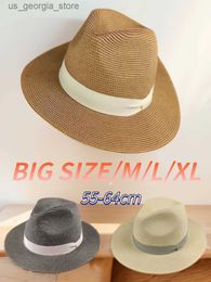 Wide Brim Hats Bucket Hats Large head 63CM Panaman Str hat with foldable Str womens hat plus size womens jazz top hat sun visor hat Y240319