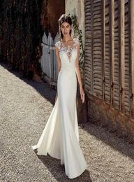 Modest Soft Satin Bateau Neckline Mermaid Wedding Dresses With Lace Appliques Sheer Bridal Dress Illusion Back2550797