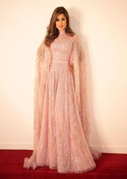 2020 Arabic Aso Ebi Pink Sparkly Sexy Evening Dresses High Neck Aline Prom Dresses Cheap Formal Party Second Reception Gowns ZJ228621359