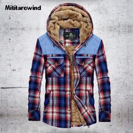 Men's Casual Shirts Autumn Winter Hooded Men Fleece Wool Thicken Warm Military Shirt Plaid Pure Cotton Long Sleeve Single Breasted