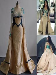 2017 Champagne Prom Dresses Mixtured with Green Tone Mermaid Sheer Bateau Neckline Long Sleeved Evening Gowns with Detachable Puff6428111