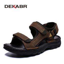 Sandals DEKABR Men Genuine Leather Sandals Summer Beach Breathable Fisherman Shoes Slipper Style Soft Bottom Flat Shoes Plus Size 38~48